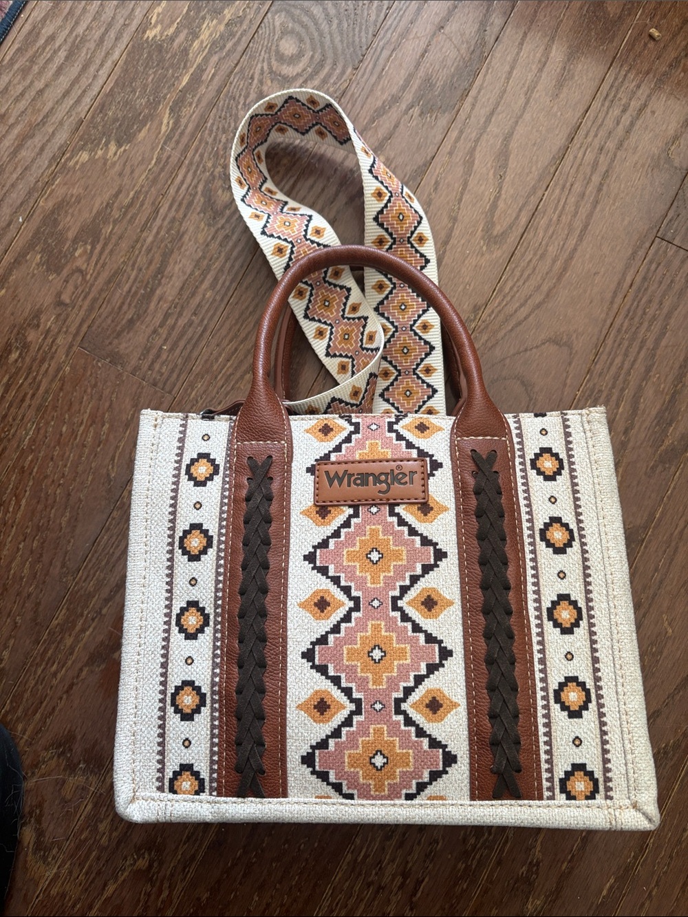 Wrangler Cream Tote with Brown and Pink Geometric Pattern